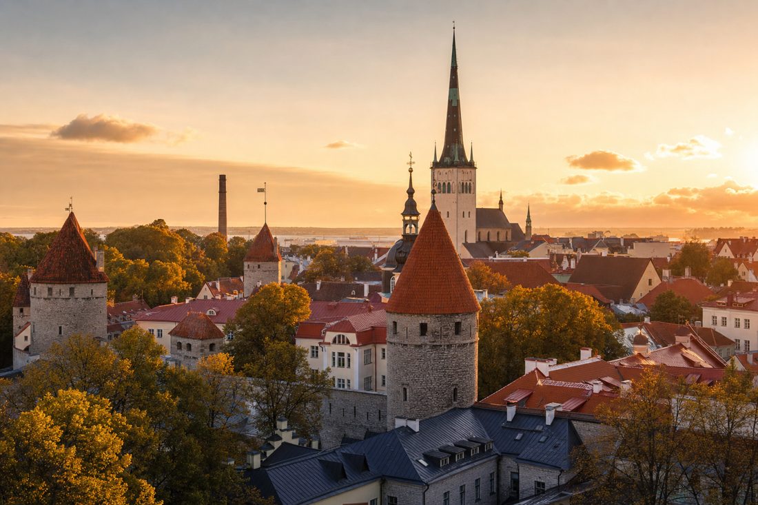 Tallinn Old Town skyline at golden hour